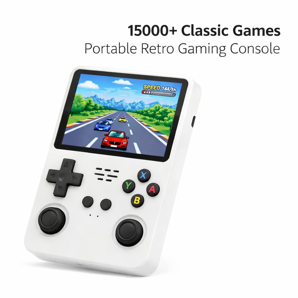 CASAQUIN R36S Handheld Gaming Console with 15000 Built-in Games, 64GB Retro Video Game System, 3.5 Inch IPS Screen, 20 Emulators, Portable Rechargeable Console for Kids & Adults (White)