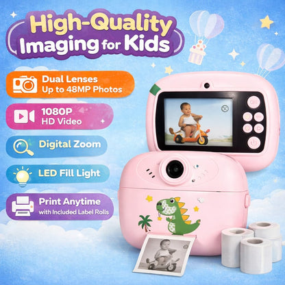 Casaquin Kids Instant Print Camera with Mini HD Photo & 1080P Video, Selfie Digital Toy for Boys & Girls, Portable Instant Photo Printer with 2 Thermal Paper Rolls, Colour Subject to Availability