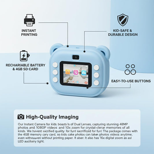 Casaquin Kids Instant Print Camera Â– 100MP Mini Digital HD Photo & Video Camcorder with Games | Fun Learning Toy for Boys & Girls Ages 3-12 | Includes 2 Print Rolls Â– Ideal Gift for Kids,32 GB