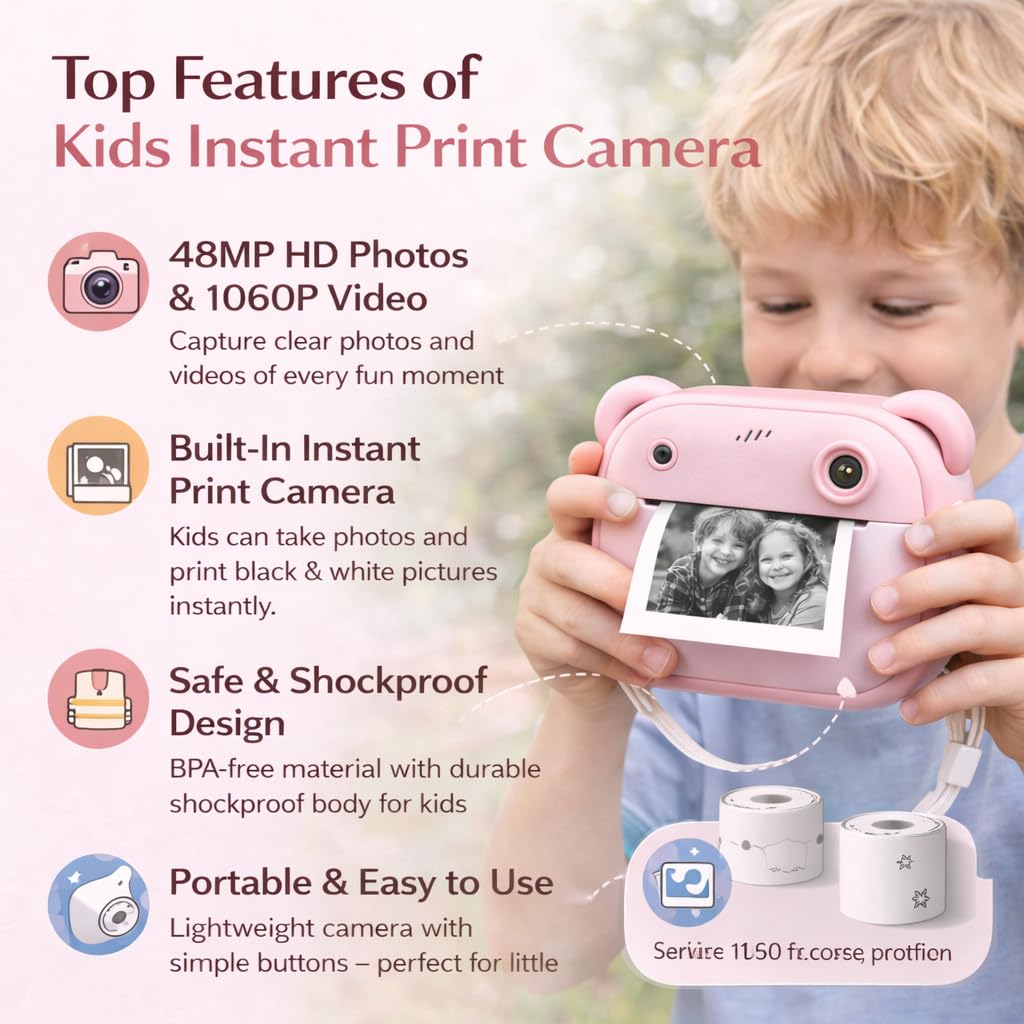 Casaquin Kids Instant Print Camera with Mini HD Photo & 1080P Video, Selfie Digital Toy for Boys & Girls, Portable Instant Photo Printer with 2 Thermal Paper Rolls, Colour Subject to Availability