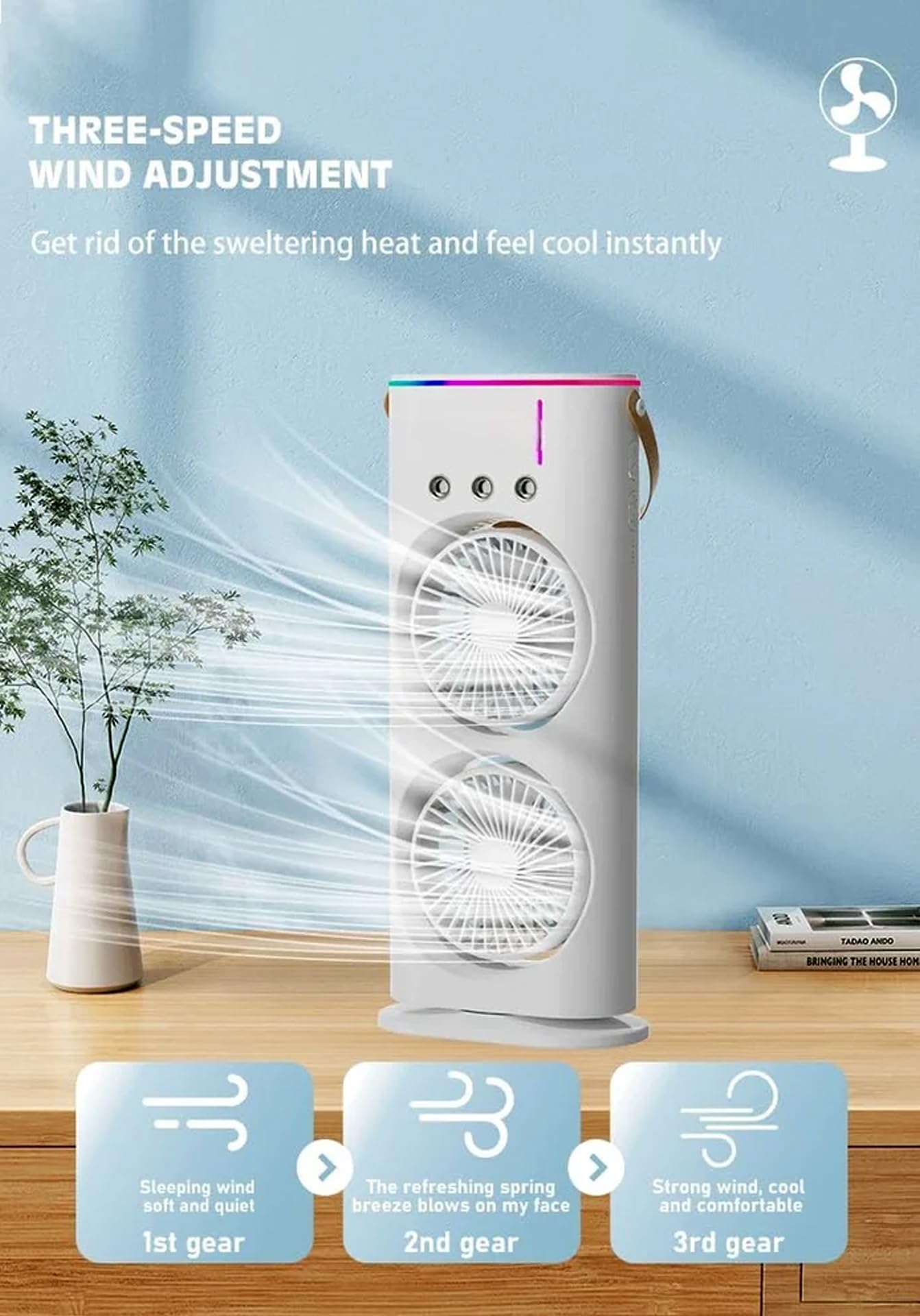 Casaquin Ac Mini Cooler Fan for Room Cooling, Portable USB, 3-Mode with LED Light, Humidity Control, Aroma Diffuser Function, 3 Spray Modes for Office,Home,Dorm,Travel (Double Mist Sprey Fan)