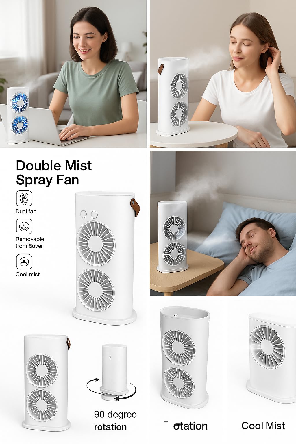 Casaquin Ac Mini Cooler Fan for Room Cooling, Portable USB, 3-Mode with LED Light, Humidity Control, Aroma Diffuser Function, 3 Spray Modes for Office,Home,Dorm,Travel (Double Mist Sprey Fan)
