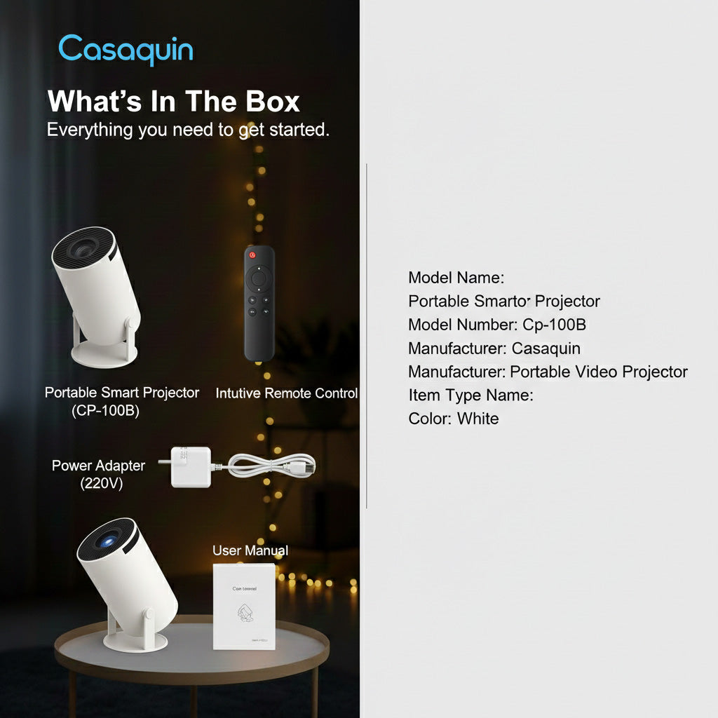 Casaquin Smart Projector | 4K Support, Native 720p HD | WiFi Mini Projector with Android 11, Netflix, Prime & YouTube