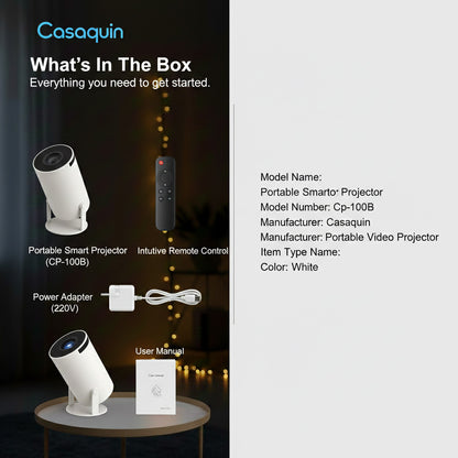 Casaquin Smart Projector | 4K Support, Native 720p HD | WiFi Mini Projector with Android 11, Netflix, Prime & YouTube