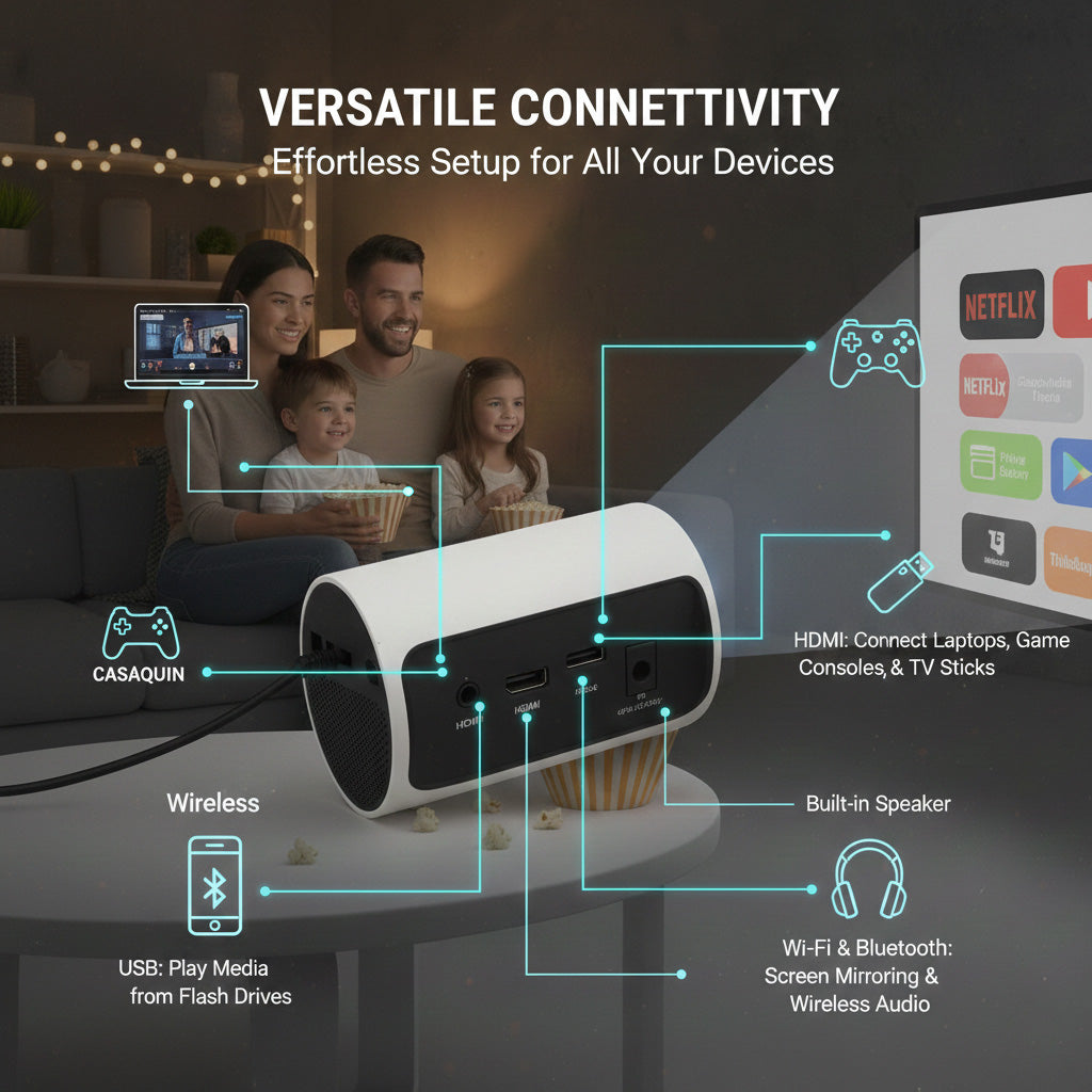 Casaquin Smart Projector | 4K Support, Native 720p HD | WiFi Mini Projector with Android 11, Netflix, Prime & YouTube
